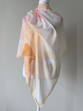 Sheer Pastel Floral Silk Feel Square Scarf - Pink & Peach EUC